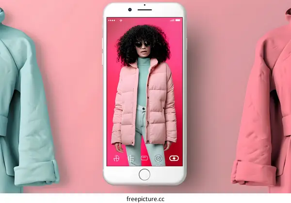 Woman In Pink Winter Jacket Using Mobile Phone App To Try On Clothes