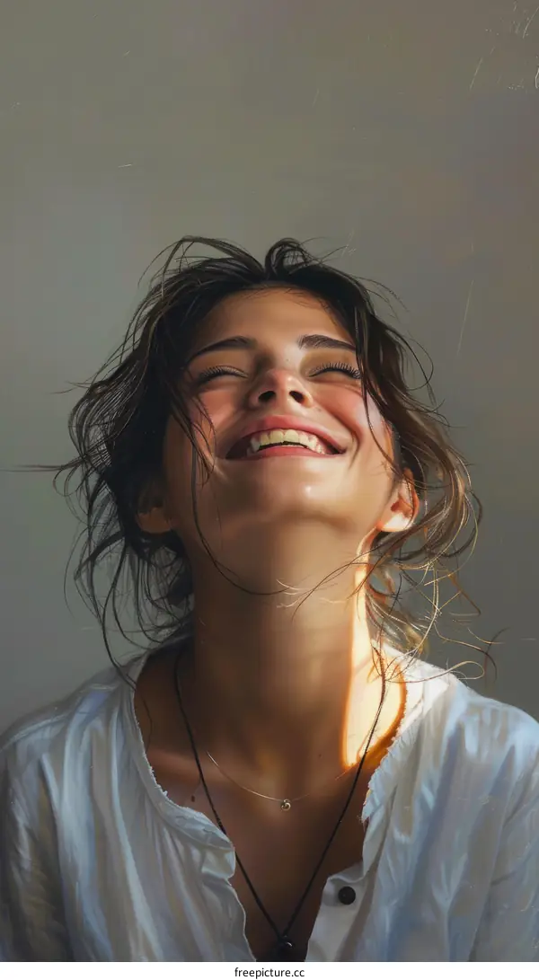 An illustration of a young woman smiling with her eyes closed