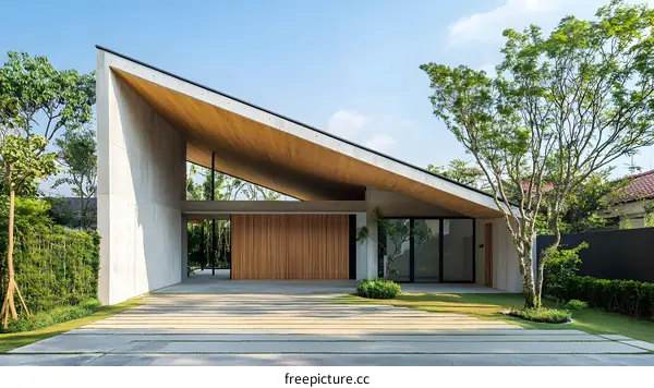 Modern Minimalist House with Wooden Roof and Concrete Walls