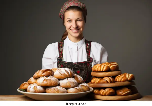 portrait of a smiling woman in traditional clothes selling bread