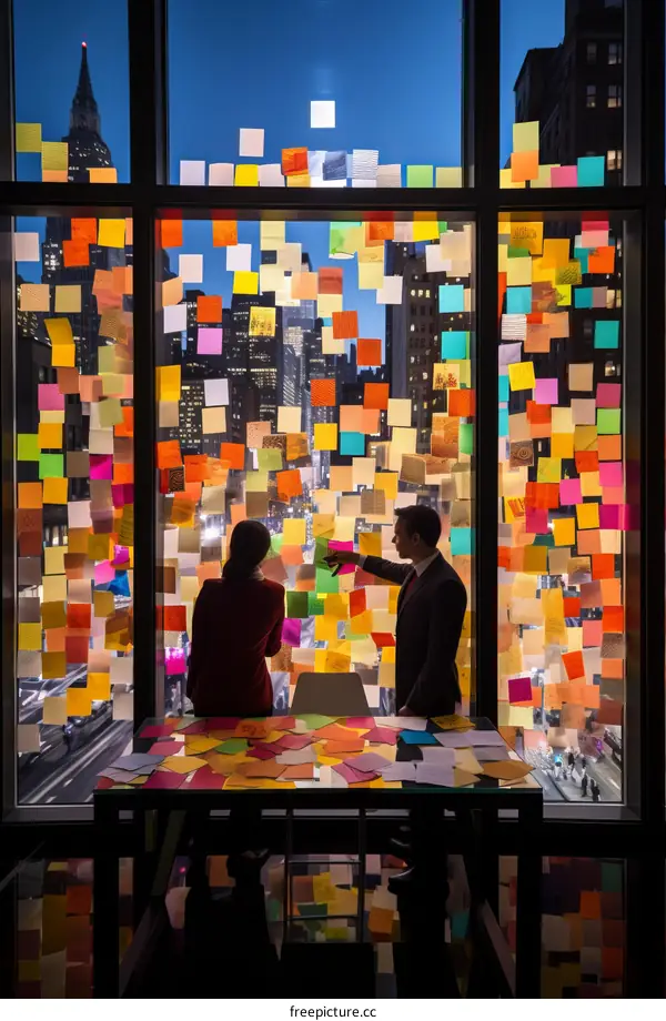 Two business professionals brainstorming while standing in front of a window covered in sticky notes