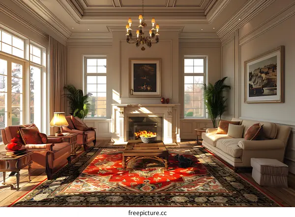 Luxurious living room interior with fireplace, oriental rug and big windows