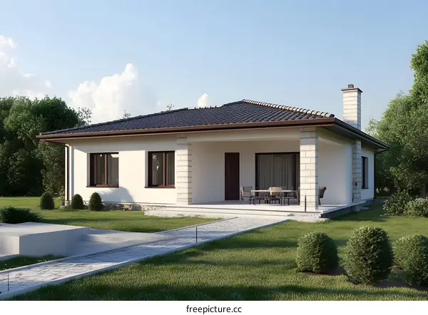 Modern White House with a Patio and a Stone Walkway