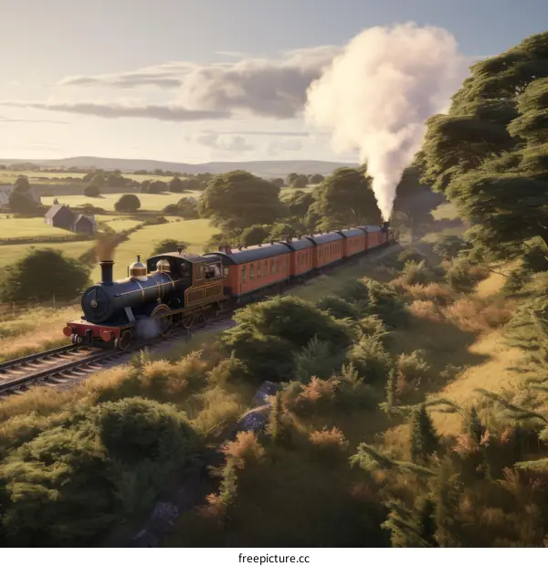 A steam train travels through the countryside