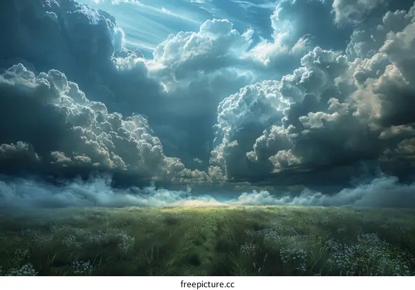 Field of flowers under a cloudy sky