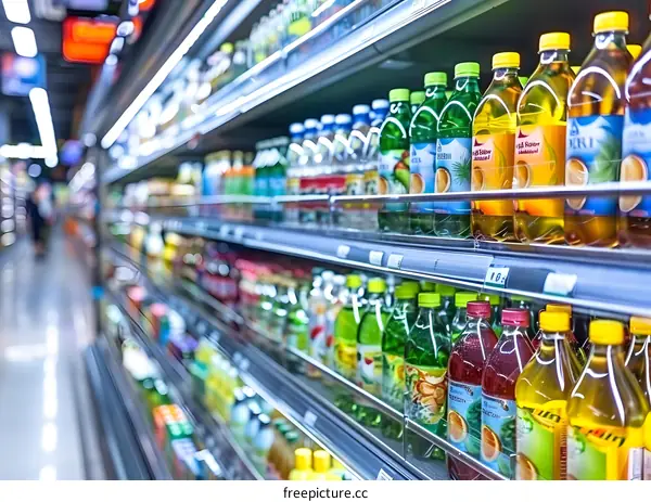 Variety of Bottled Beverages on Store Shelves in a Supermarket