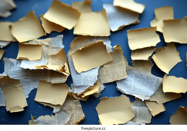 Scattered Torn Newspaper Pieces on a Blue Surface