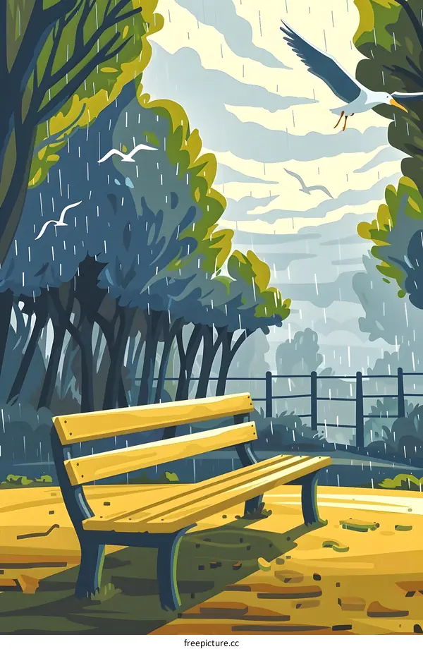 Rainy Day in the Park with a Wooden Bench