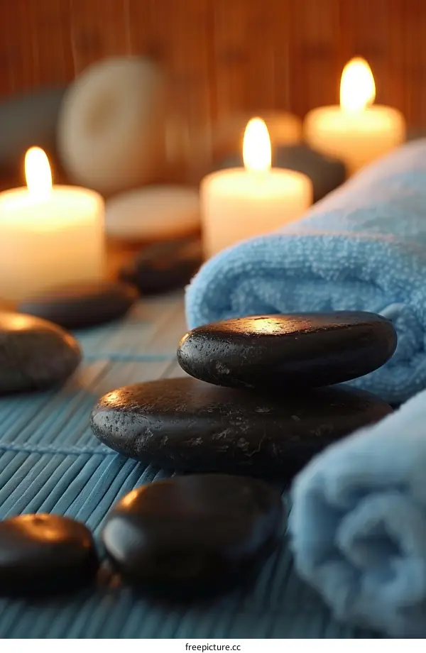 Black stones and burning candles on a bamboo mat
