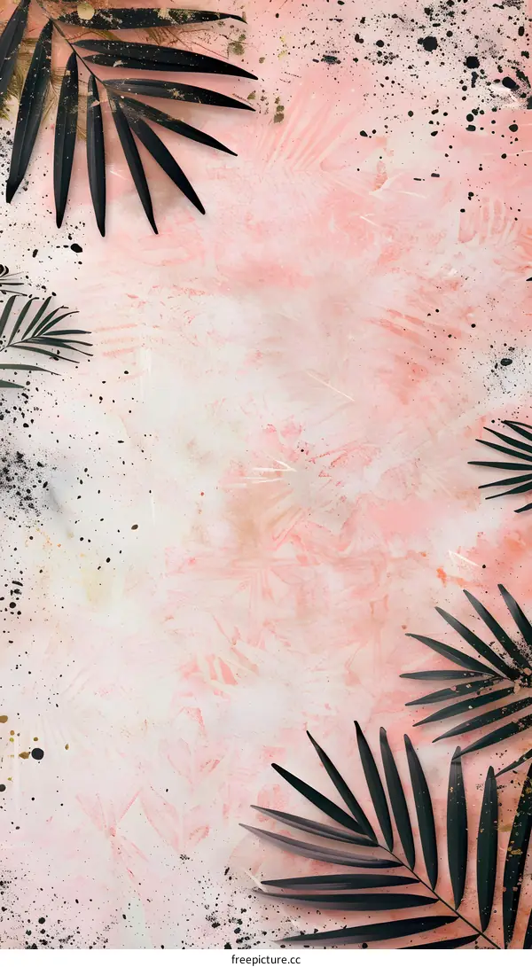 Black Palm Leaves on Pink Watercolor Background
