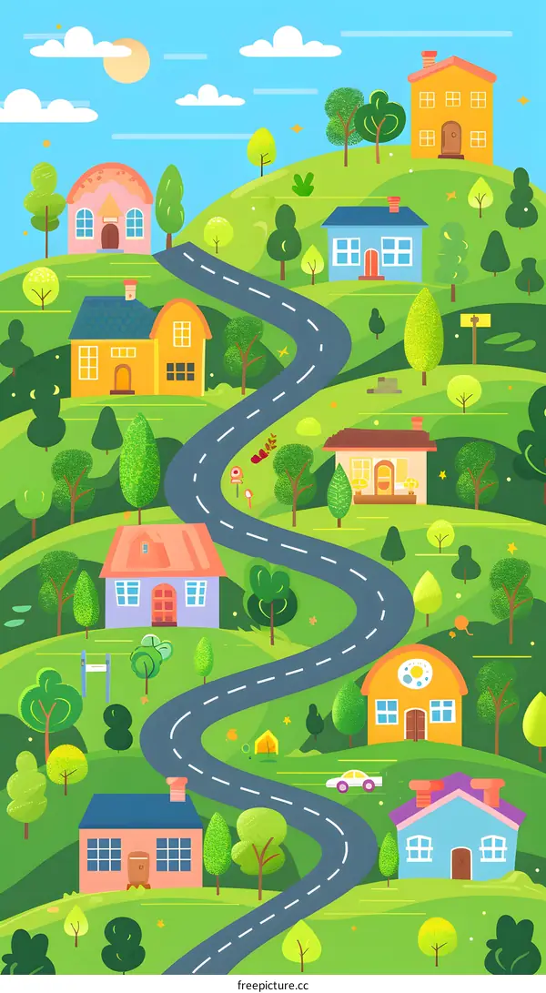 Colorful Cartoon Illustration of Winding Road Through Suburban Neighborhood