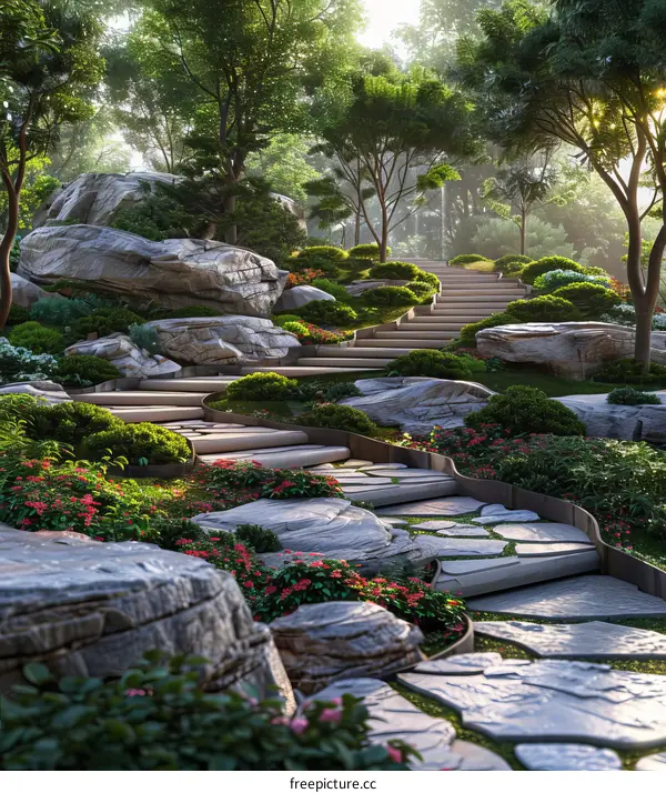 Lush Garden with Large Rocks and Stone Steps
