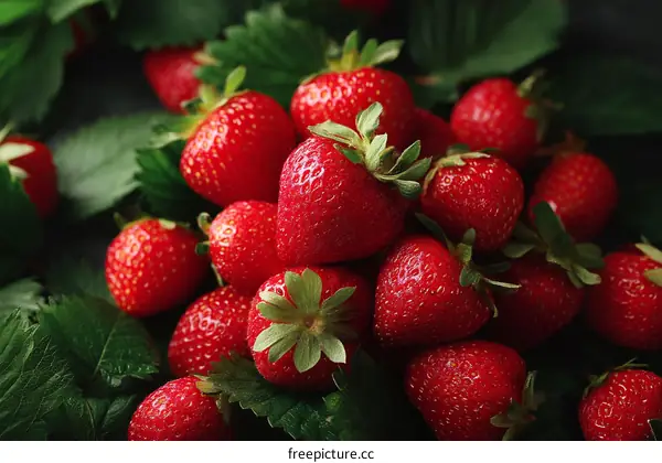Close-up Fresh Strawberries with Green Leaves