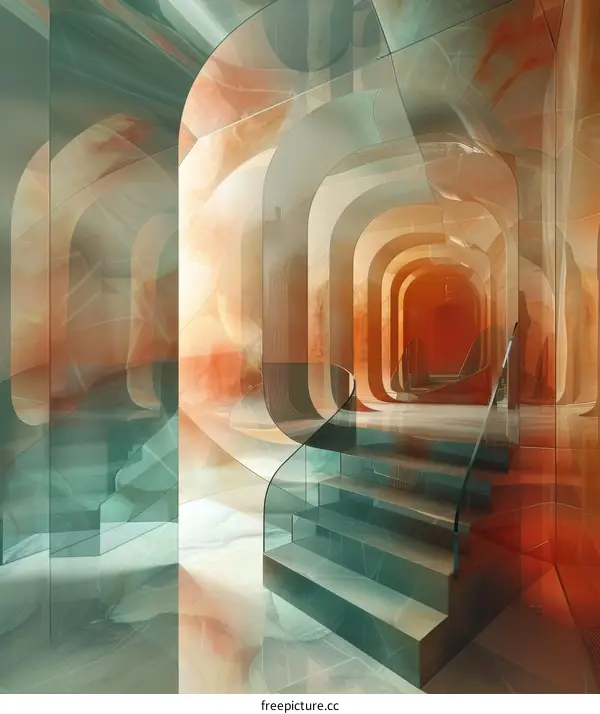 Modern Glass Staircase with Green and Orange Marble Decor