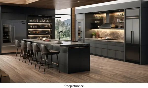 Black Kitchen With Island and Large Windows