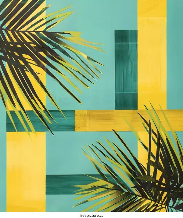 Abstract Palm Leaves Art Print With Yellow Green Geometric Shapes
