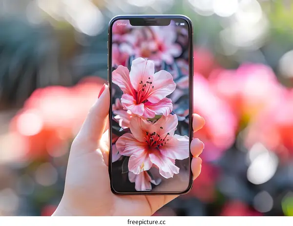 Hand Holding Phone Taking Photos of Pink Flowers