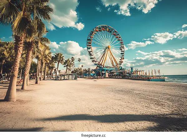 Ferris Wheel on the Beach with Palm Trees