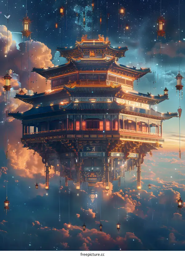 A Chinese style floating palace with red lanterns in the sky