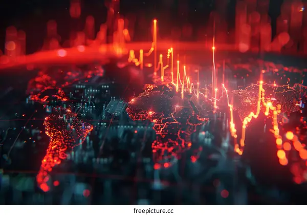 Red glowing plexus world map with technology elements