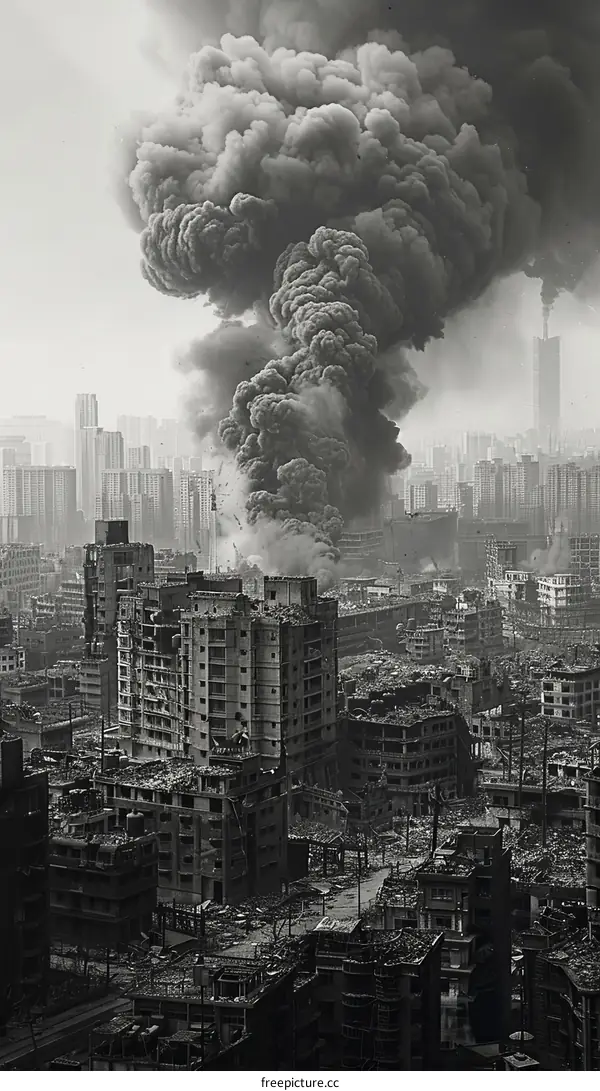 grayscale photo of ruined city with large smoke cloud in background