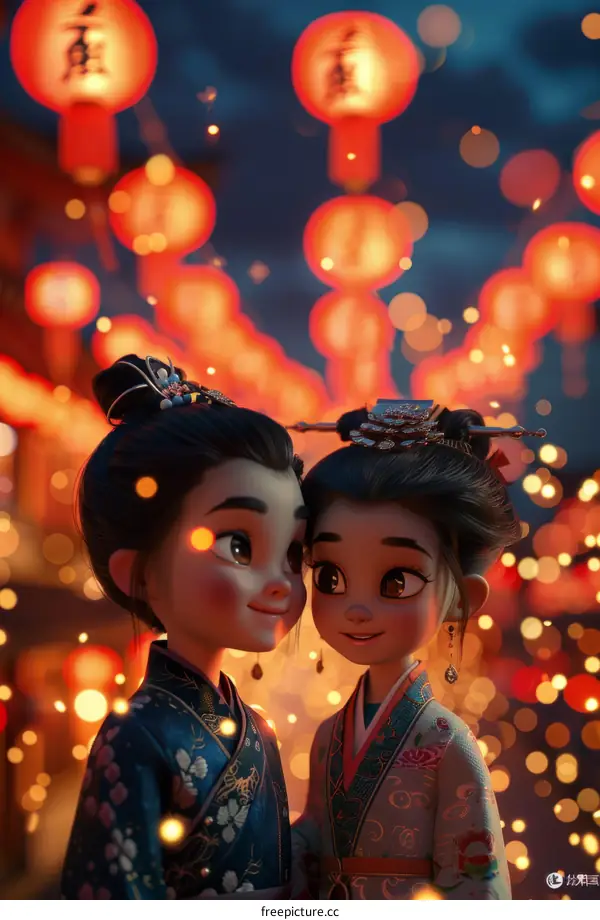 A Young Romantic Couple is Standing in a Colorful Street with Traditional Red Lanterns