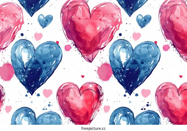 A seamless pattern of watercolor hearts in blue and pink