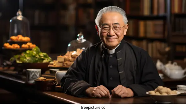 Portrait of a smiling elderly Chinese man wearing a black suit and glasses, sitting at a table with a spread of pastries and tea
