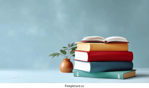 Stacked Books on a Light Blue Background