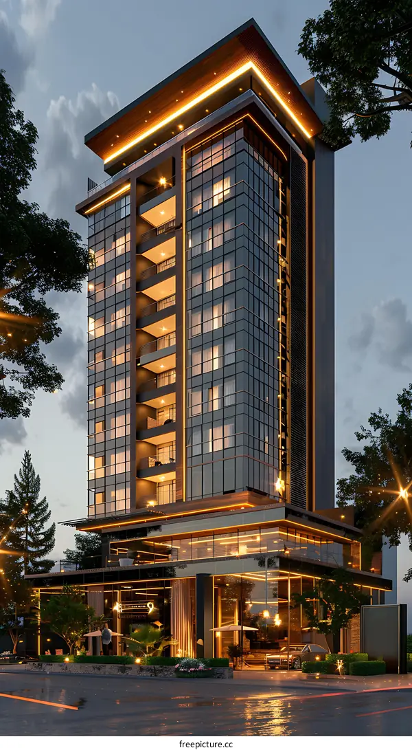 The towering glass curtain wall building