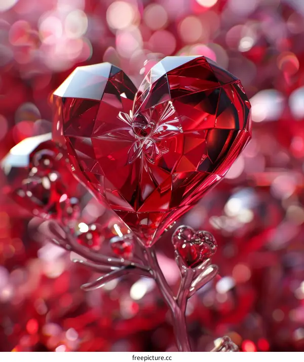 A Red Crystal Heart on a Silver Stem with a Blurred Red Background