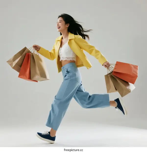Happy woman with shopping bags running joyfully