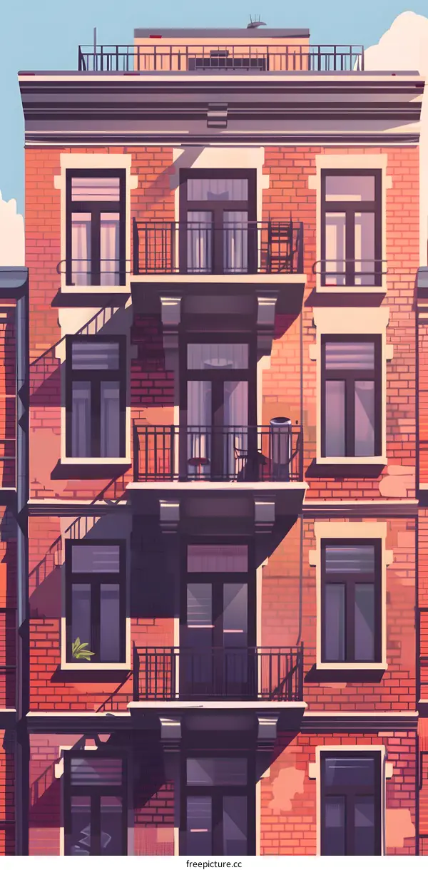 Red Brick Building with Balconies and Windows Illustration