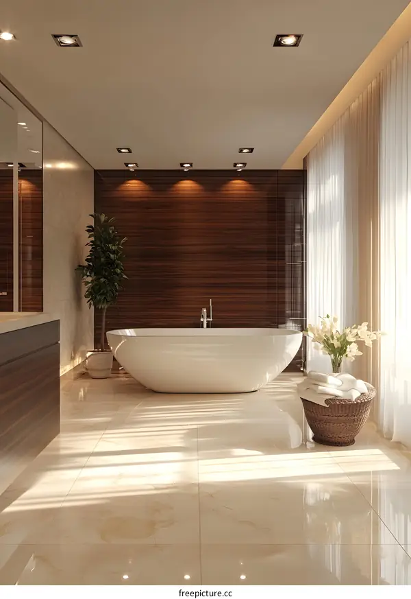 Modern Bathroom Design With White Tub And Wooden Walls