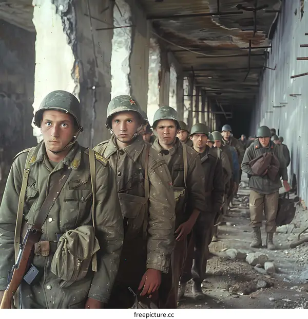soviet soldiers in a destroyed building during world war ii
