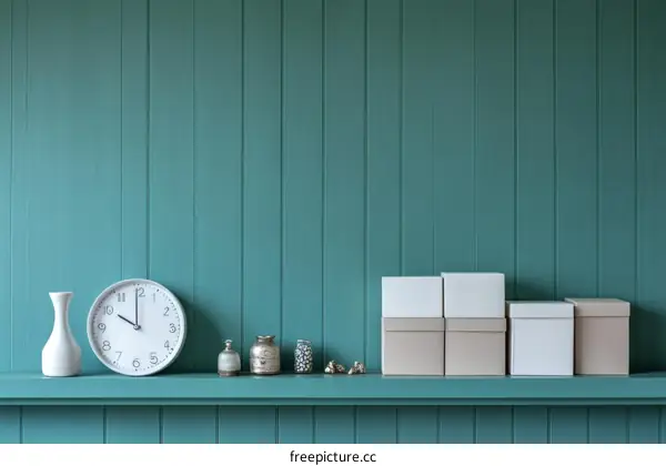 Teal Wall Shelf Decor with Clock and Boxes