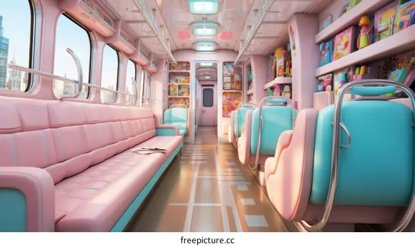 Pastel Train Car Interior with Colorful Snacks and Toys