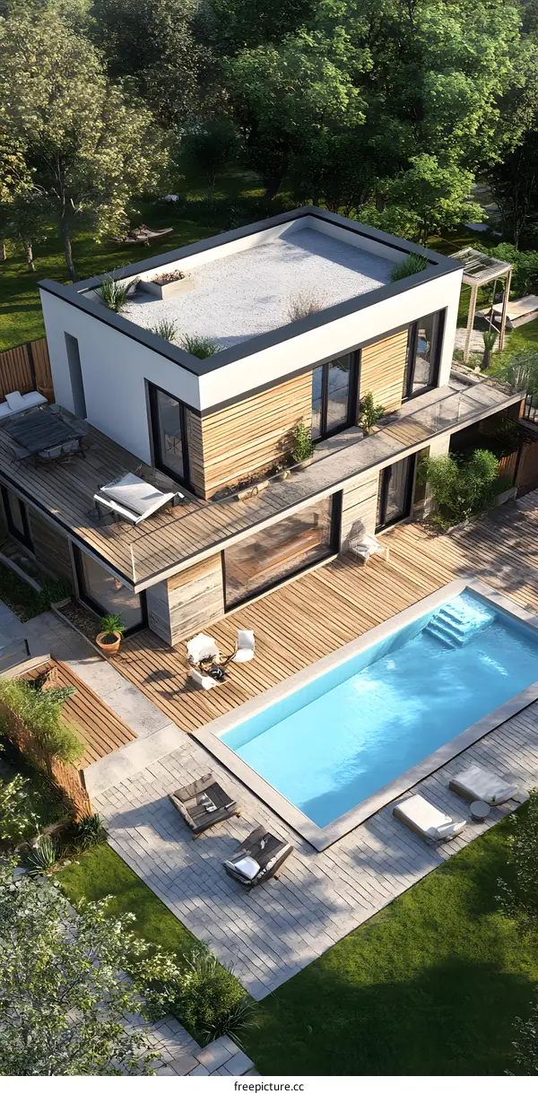 Modern House with Swimming Pool and Green Lawn