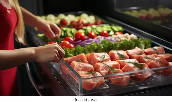 Close-up of a woman's hands holding a piece of salmon