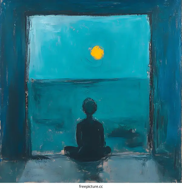 Abstract Painting of a Person Sitting at a Window with a View of the Ocean