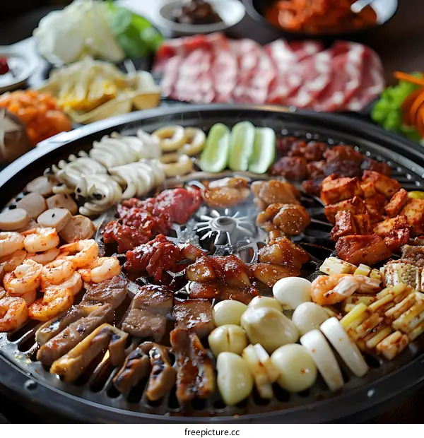 A variety of meats and vegetables are being grilled on a hot plate.