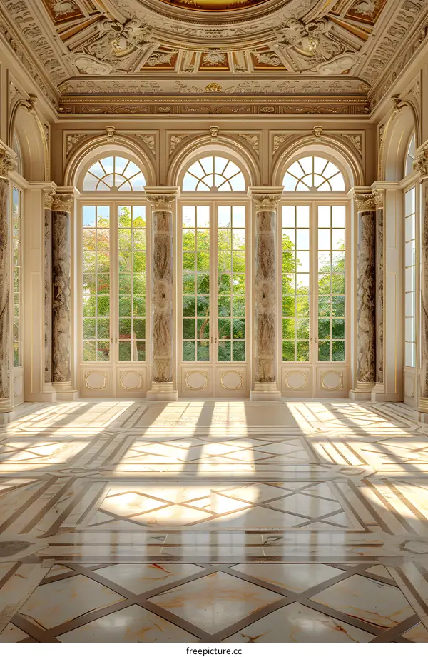 Large Room With Arched Windows and Marble Floor