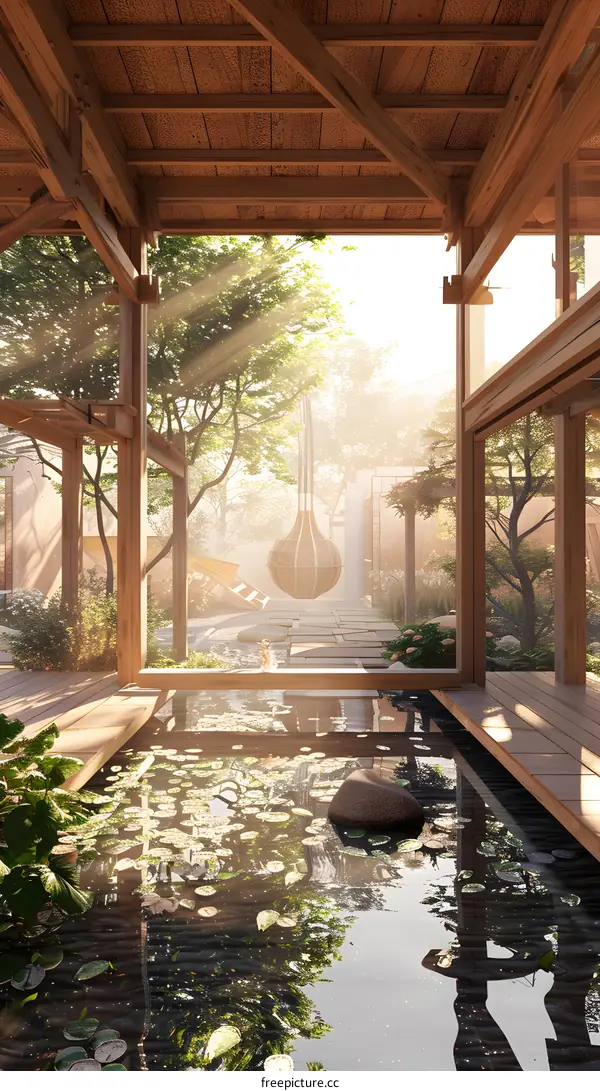 Modern Japanese Garden Design with Wooden Beams and Pond