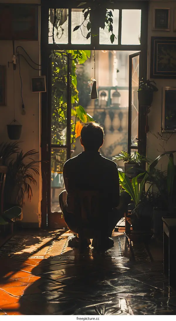 A man is sitting on his knees in a room with many plants in front of a door with a view of the city.