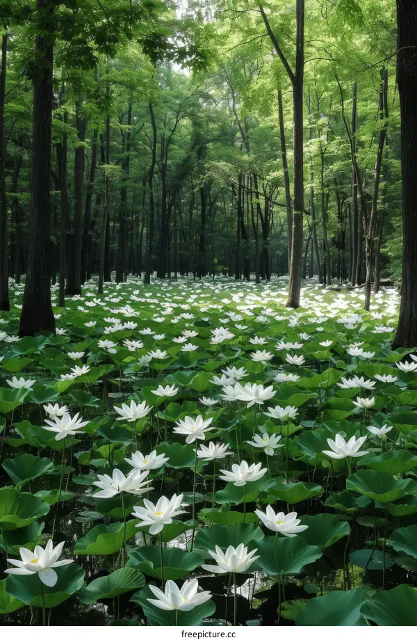 White Flowers Carpet the Forest Floor in a Verdant Haven