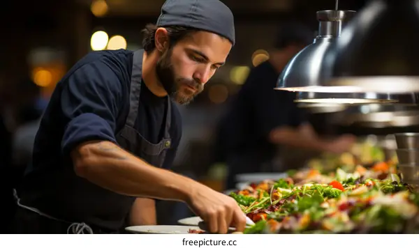 Focused male chef plating a delicious-looking salad