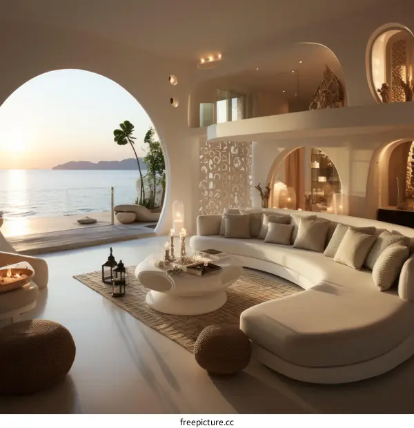Modern Luxury Villa Living Room Interior Design with Curved Sofa and Ocean View
