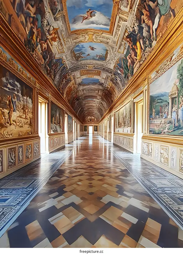 Long Hallway With Paintings And Ornate Ceiling