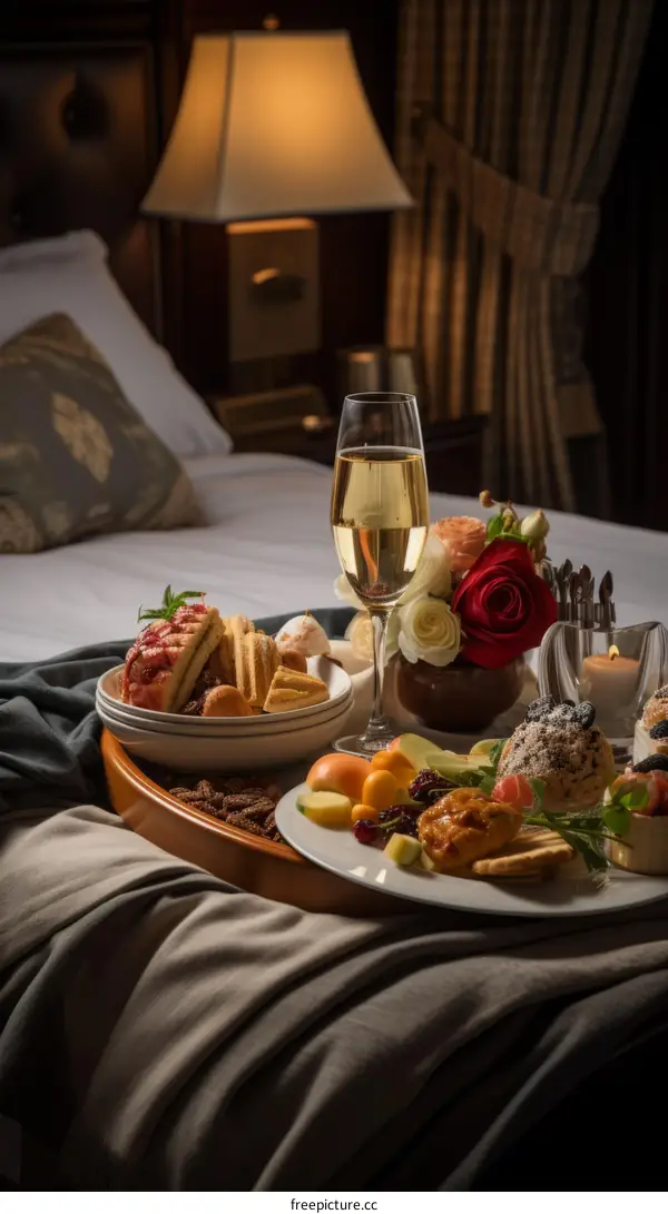 A luxurious breakfast in a hotel room with champagne and roses