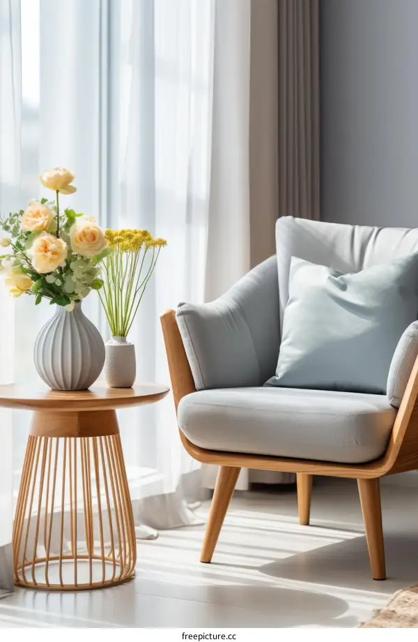 A Comfortable Chair Sits in a Room with a Small Table and a Vase of Flowers